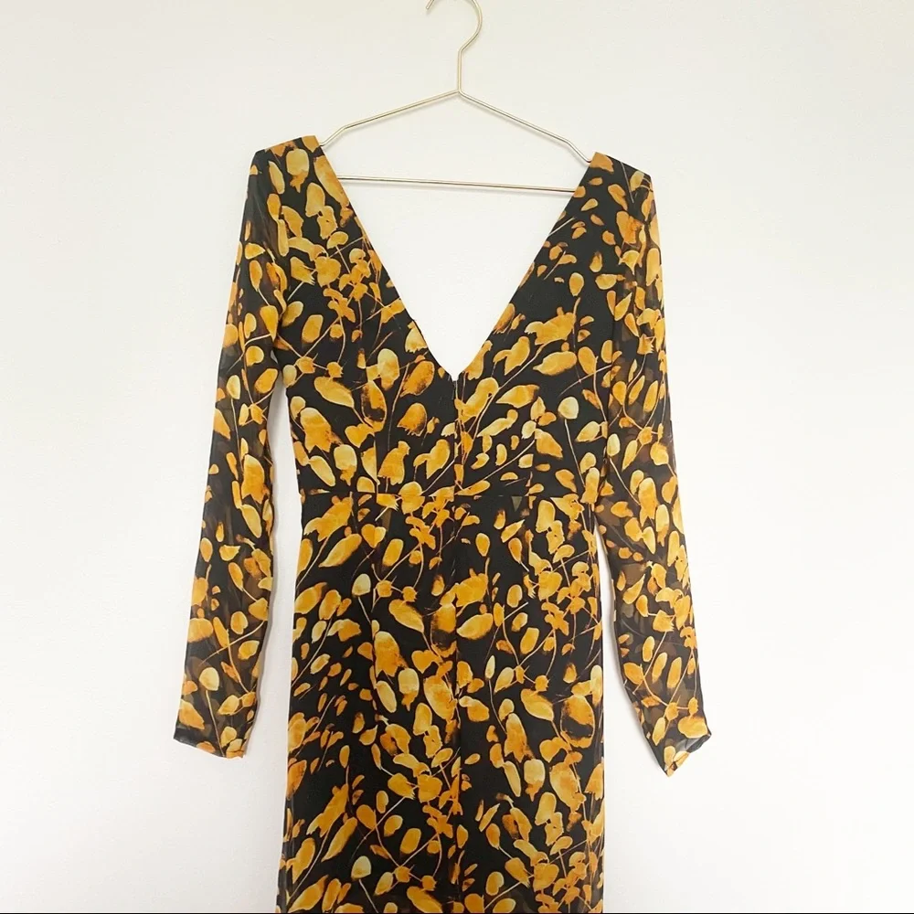 Sau Lee Michella Leaf Print Midi Dress Plunge Black Marigold Spring Boho Size 2 - Picture 4 of 15